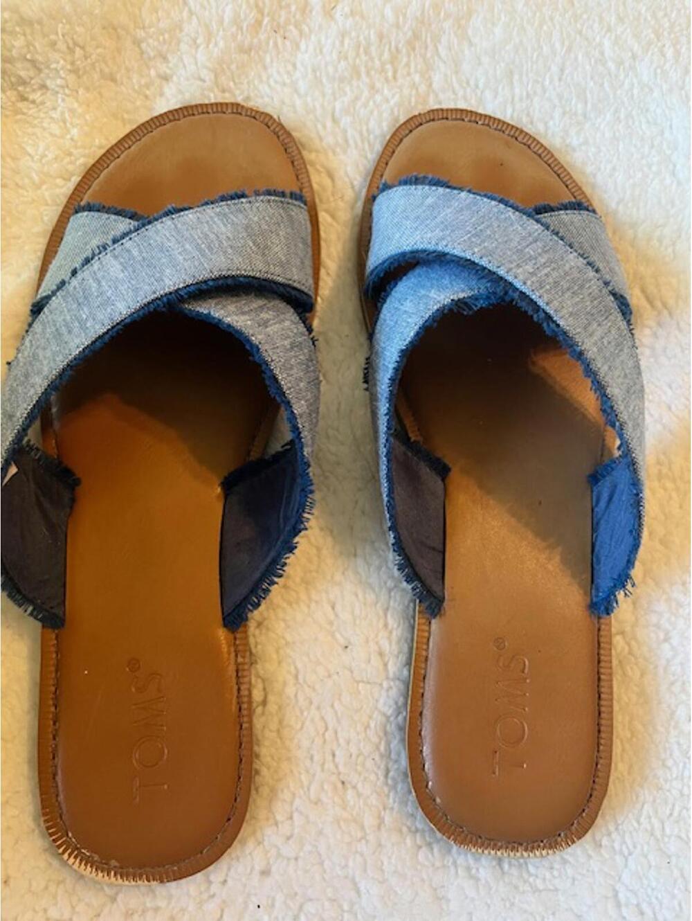 TOMS Denim Cross Strap Slide Sandals Blue Slub Chambray